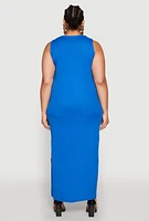 Womens Plus Size Ribbed Knit Side Slit Maxi Tank Dress, Blue, Size 2X