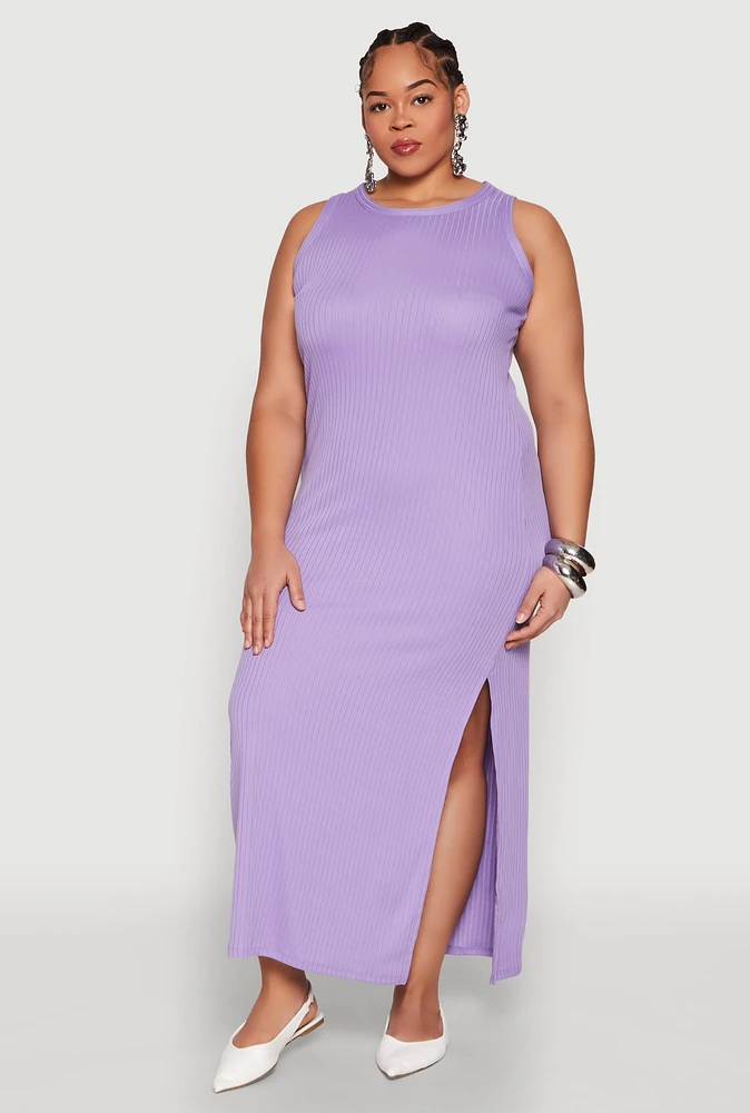 Womens Plus Ribbed Knit Side Slit Maxi Tank Dress,