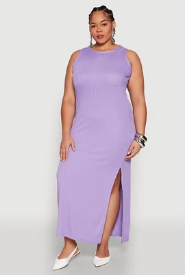 Womens Plus Ribbed Knit Side Slit Maxi Tank Dress,