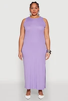 Womens Plus Ribbed Knit Side Slit Maxi Tank Dress,