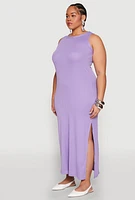 Womens Plus Ribbed Knit Side Slit Maxi Tank Dress,