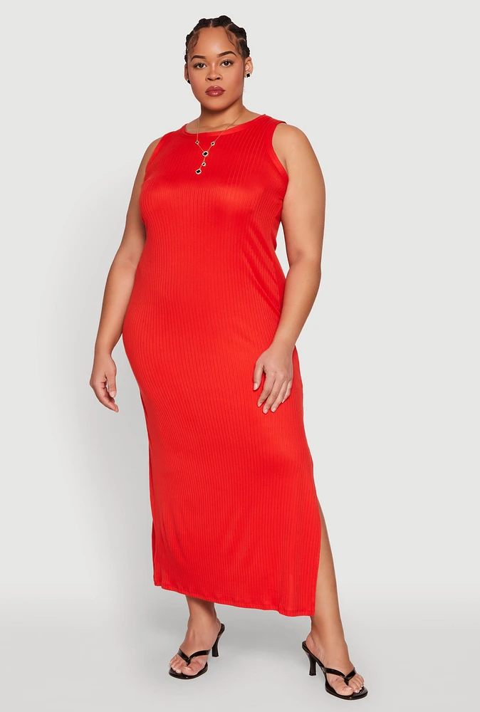 Womens Plus Ribbed Knit Side Slit Maxi Tank Dress, 3X