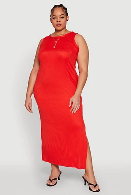 Womens Plus Ribbed Knit Side Slit Maxi Tank Dress, 3X