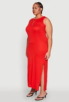 Womens Plus Ribbed Knit Side Slit Maxi Tank Dress, 3X