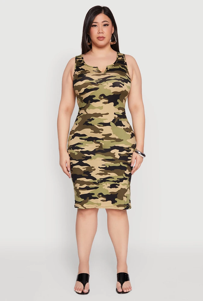 Womens Plus Size Camo Notch Neck Tank Dress, Green, Size 1X