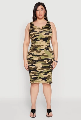 Womens Plus Size Camo Notch Neck Tank Dress, Green, Size 1X