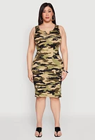Womens Plus Size Camo Notch Neck Tank Dress, Green, Size 1X
