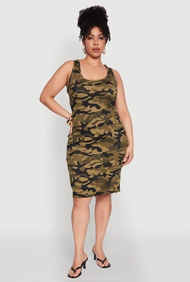 Womens Plus Size Ribbed Knit Camo Tank Dress, Green, Size 2X