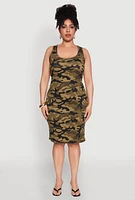 Womens Plus Size Ribbed Knit Camo Tank Dress, Green, Size 2X