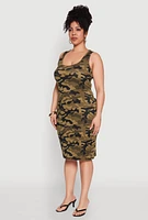 Womens Plus Size Ribbed Knit Camo Tank Dress, Green, Size 2X