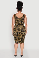 Womens Plus Size Ribbed Knit Camo Tank Dress, Green, Size 2X