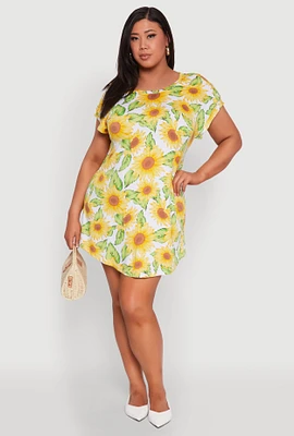 Womens Plus Size Sunflower Print Mini Dress, Multi, Size 1X