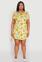 Womens Plus Size Sunflower Print Mini Dress, Multi, Size 1X