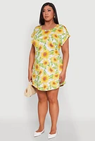 Womens Plus Size Sunflower Print Mini Dress, Multi, Size 1X