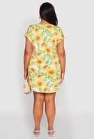 Womens Plus Size Sunflower Print Mini Dress, Multi, Size 1X