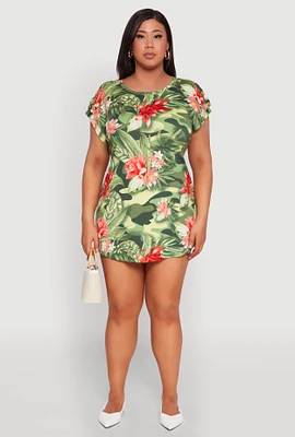 Womens Plus Size Camo Floral Print Mini Dress, Green, Size 1X