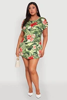 Womens Plus Size Camo Floral Print Mini Dress, Green, Size 1X