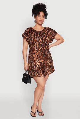Womens Plus Size Leopard Print Mini Dress, Brown, Size 2X