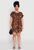 Womens Plus Size Leopard Print Mini Dress, Brown, Size 2X