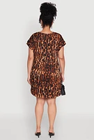 Womens Plus Size Leopard Print Mini Dress, Brown, Size 2X