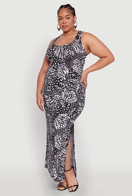 Womens Plus Size Printed Pattern Side Slit Maxi Dress, Black, Size 3X