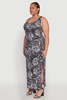 Womens Plus Size Printed Pattern Side Slit Maxi Dress, Black, Size 3X