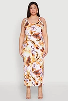 Womens Plus Size Floral Ribbed Knit Tank Dress, White, Size 2X