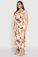 Womens Plus Size Floral Ribbed Knit Tank Dress, White, Size 2X