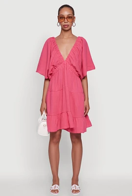 Womens Plus Trendy Gauze Knit V Neck Tiered Dress, Pink,