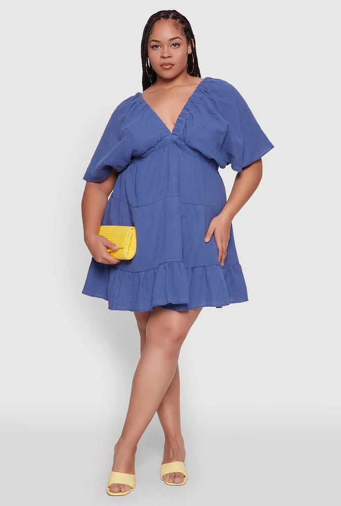 Womens Plus Size Trendy Gauze Knit V Neck Tiered Dress, Blue, Size 2X