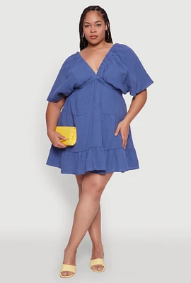Womens Plus Size Trendy Gauze Knit V Neck Tiered Dress, Blue, Size 2X