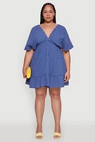 Womens Plus Size Trendy Gauze Knit V Neck Tiered Dress, Blue, Size 2X