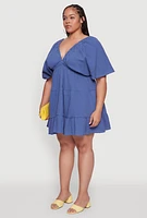 Womens Plus Size Trendy Gauze Knit V Neck Tiered Dress, Blue, Size 2X