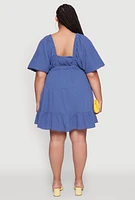 Womens Plus Size Trendy Gauze Knit V Neck Tiered Dress, Blue, Size 2X