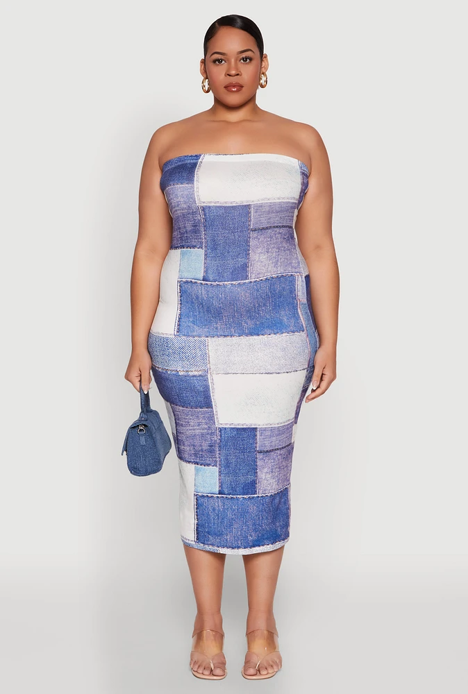 Womens Plus Size Denim Print Tube Midi Dress, Blue, Size 1X