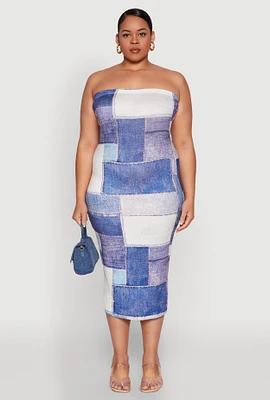 Womens Plus Size Denim Print Tube Midi Dress, Blue, Size 1X