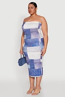 Womens Plus Size Denim Print Tube Midi Dress, Blue, Size 1X