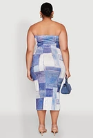 Womens Plus Size Denim Print Tube Midi Dress, Blue, Size 1X