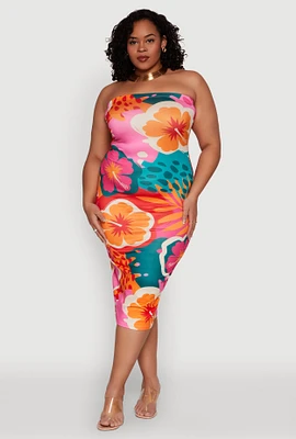 Womens Plus Size Floral Print Tube Midi Dress, Multi, Size 3X