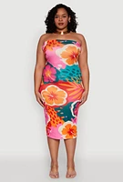 Womens Plus Size Floral Print Tube Midi Dress, Multi, Size 3X