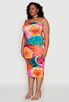 Womens Plus Size Floral Print Tube Midi Dress, Multi, Size 3X