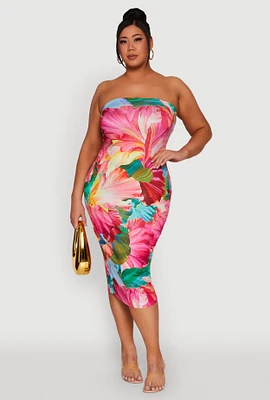 Womens Plus Size Floral Petal Print Tube Midi Dress, Multi, Size 1X