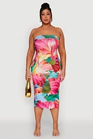 Womens Plus Size Floral Petal Print Tube Midi Dress, Multi, Size 1X