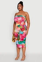Womens Plus Size Floral Petal Print Tube Midi Dress, Multi, Size 1X