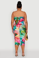 Womens Plus Size Floral Petal Print Tube Midi Dress, Multi, Size 1X