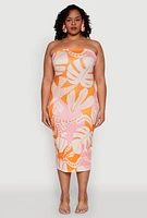 Womens Plus Size Leaf Print Tube Midi Dress, Multi, Size 3X