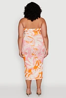 Womens Plus Size Leaf Print Tube Midi Dress, Multi, Size 3X