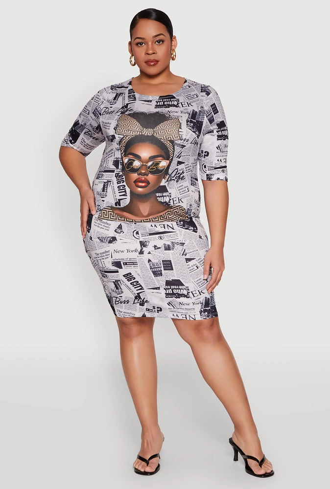 Womens Plus Size Girl Boss Newspaper Print T Shirt Dress, Multi, Size 1X