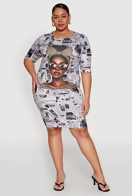 Womens Plus Size Girl Boss Newspaper Print T Shirt Dress, Multi, Size 1X