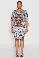 Womens Plus Size Girl Boss Newspaper Print T Shirt Dress, Multi, Size 1X